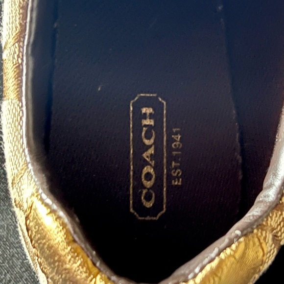 Brown and tan coach sneakers for women. Gold back and trim - Picture 5 of 6